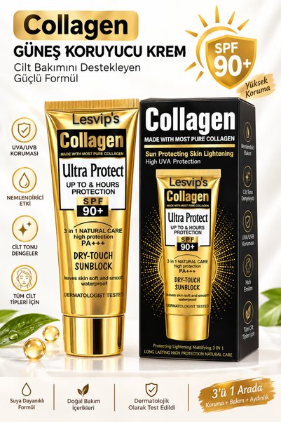 Lesvip's Collagen Ultra Protect SPF 90+ Güneş Koruyucu Krem - Yüksek Korumalı Leke Karşıtı Nemlendirici Yüz Güneş Kremi
