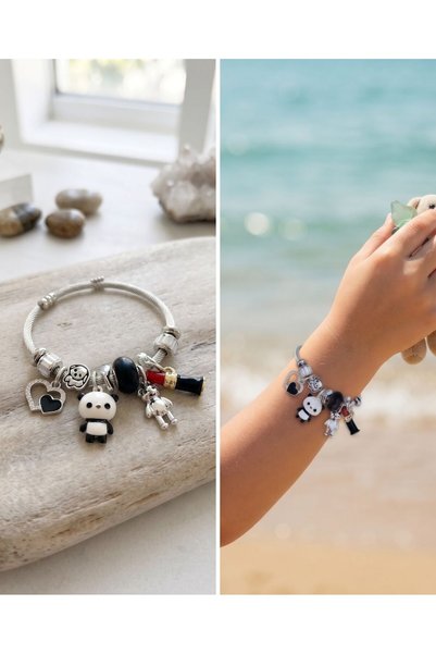 HOŞGÖR ACCESSORIES Children's Panda Lipstick-Detailed Steel Bracelet