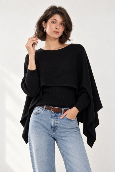 Lavinza Cape-Style Brioche Knit Boat Neck Sweater with Collar Detail