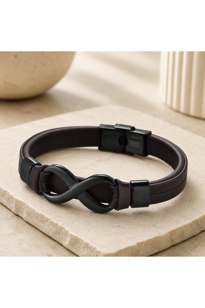 Karmashop Brățară Bărbați Infinity din Piele Naturală Maro, Simbol Infinit Ne...