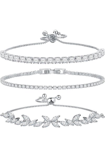 AZONEE 3 Pcs 14K Gold Plated Tennis Bracelet Cubic Zirconia Classic Silver Br...