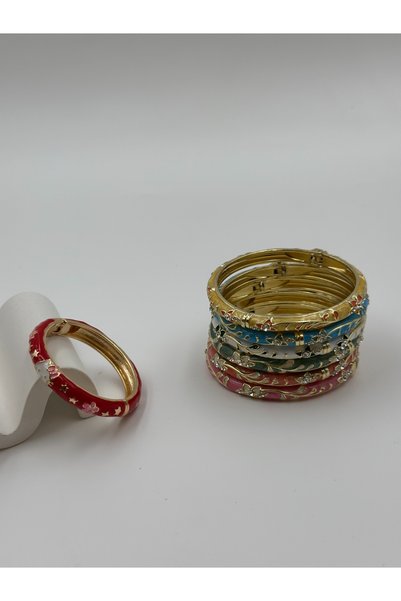 Kadın Gold Kaplama Mineli Kelepçe Bilezik Çok Renkli Taşlı Çiçek Desenli Vintage Kelepçe Bileklik
