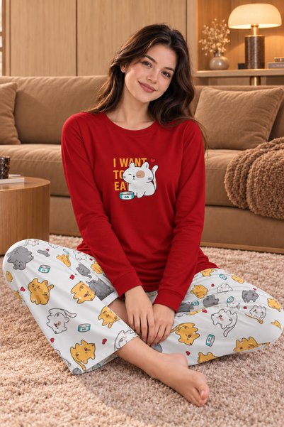 Silona Homewear طقم بيجامة "ريفيري كات 42" باللون الأحمر، مصنوع من قماش فائق ...