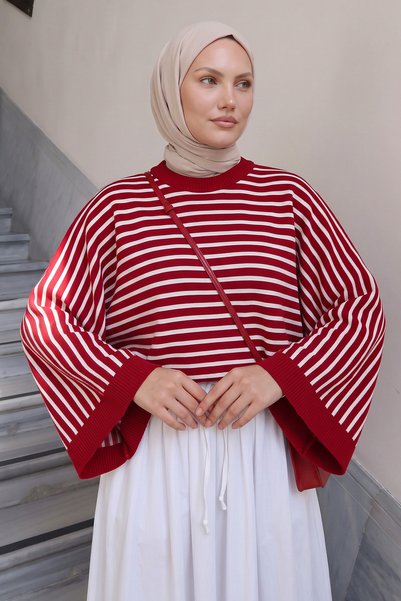 Salih Çelebi Striped Casual Knit Sweater T2623 - RED