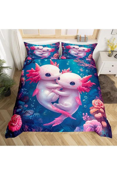 Homewish Lenjerie de pat, 2 piese, 100% bumbac, model Recif de ocean, husă de...