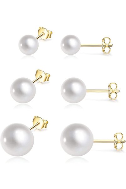 GENERAL Pearl Earrings for Women | 18K Gold Plated Pearl Stud Earrings Set Hy...