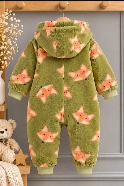 DeKuBaby Desenli Polar Kapüşonlu , Patiksiz Fermuarlı Kışlık Ünisex Bebek Tulumu