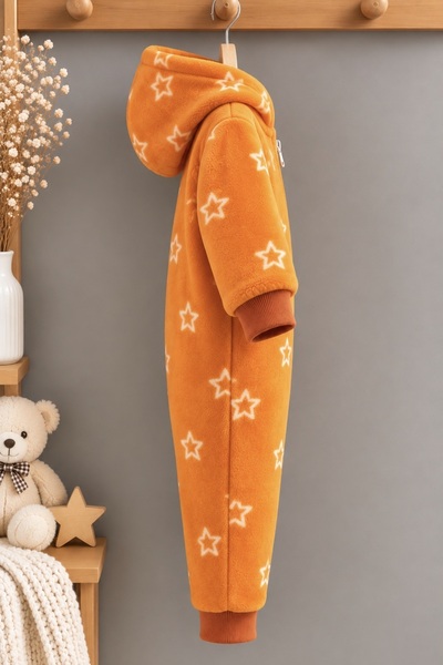 DeKuBaby Desenli Polar Kapüşonlu , Patiksiz Fermuarlı Kışlık Ünisex Bebek Tulumu