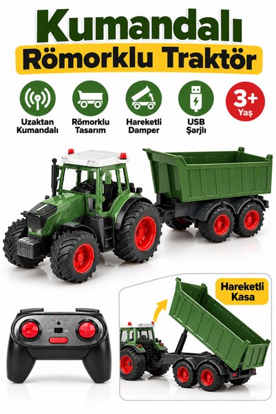 ALL FAST Uzaktan Kumandalı Şarjlı Römorklu Traktör – Hareketli Damperli 6 Kanal Oyuncak Çiftlik Aracı