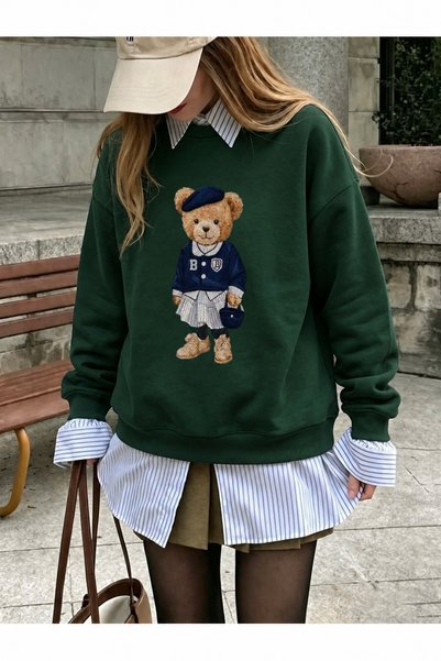 OVER HEAD Women's Cute Combination Teddy Bear Printed Bicycle Sweatshirt