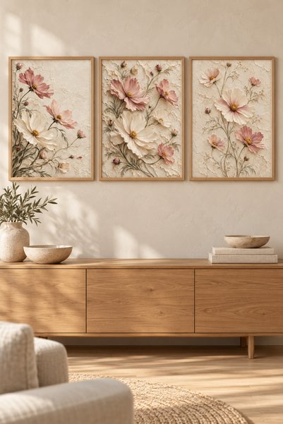 HOPE DİZAYN Pastel Çiçek Desenli Üçlü Çerçeveli MDF Tablo Seti Duvar Dekorasyonu
