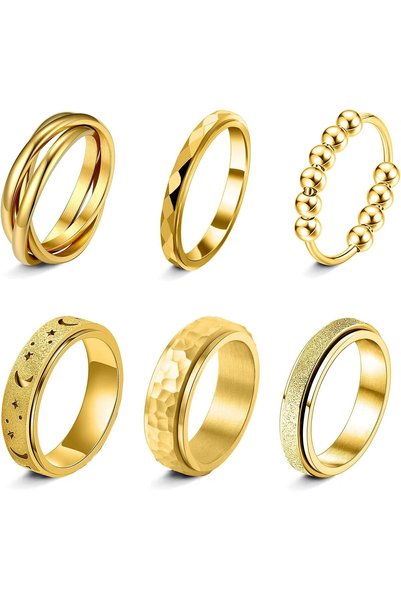 SYOSI Fidget Rings for Anxiety, 6 Pack Stainless Steel Spinner Ring,Stress Re...