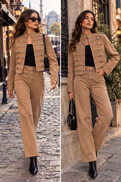 SOLİS MODA Kadın Camel Çeket ve Boru paça pantolon ikili takım