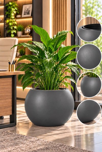 PUR BELLA Antrasit Yuvarlak Dekoratif Saksı Seti İçlikli Büyük Boy 27 Litre D...