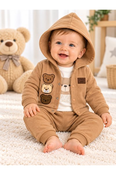 bebekyol Cute Bear 3-Piece Baby Boy Outfit Set with Teddy Bear Print Figures