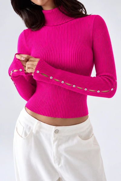 oshebu Women's Turtleneck Sweater with Stone-Embellished Collar