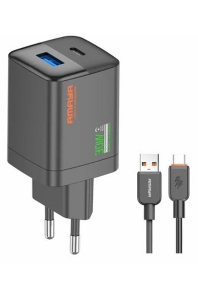 AMAYA ACW-E81S USB-A & Type-C Γρήγορος Φορτιστής 20W με Καλώδιο Type-C Μαύρο