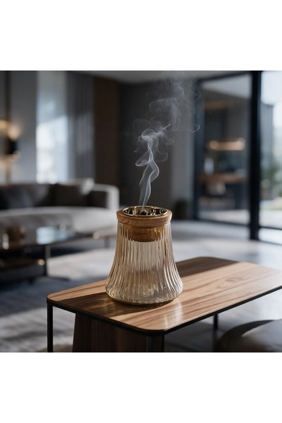 Generic Brand مبخرة هندى زجاج بنى فاتح بقاعدة خشب
