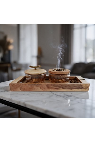 Generic Brand طقم مبخرة هندى بنى فاتح مع خشب
