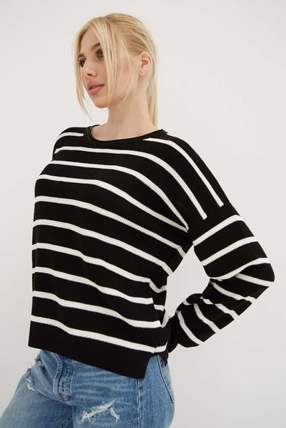 Fashion Friends Çizgili Regular Fit Bisiklet Yaka Triko Kazak Kadın KAZAK 26K0477K1