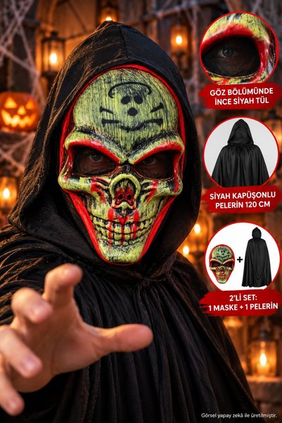 TOYFEST Kafatası Maskesi ve Siyah Kapüşonlu Pelerin 2'li Halloween Korku Kostüm Seti 120 cm