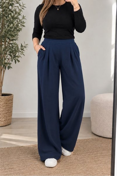 Umay moda 59 Women's - Crepe Fabric - Pleated Pants - Side Pockets - Wide-Leg