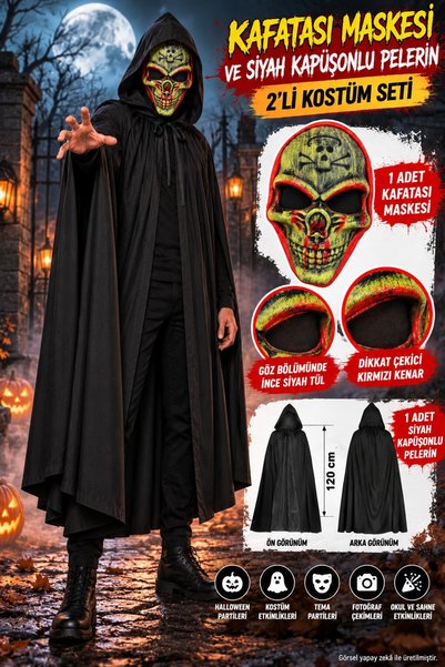 TOYFEST Kafatası Maskesi ve Siyah Kapüşonlu Pelerin 2'li Halloween Korku Kostüm Seti 120 cm