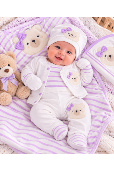 SERPİL Baby Girl Newborn Hospital Discharge Set with Lavender Teddy Bear Prin...