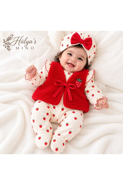 Hülya's MIND Strawberry-Print Girl's 3-Piece Set: Red Plush Vest Set, Booties...