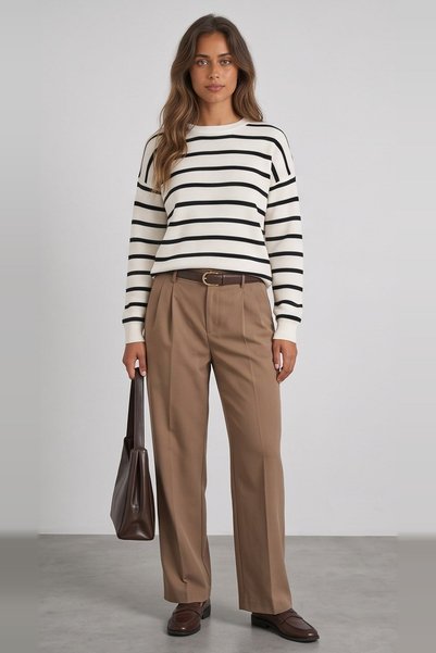 Fashion Friends Çizgili Regular Fit Bisiklet Yaka Triko Kazak Kadın KAZAK 26K0477K1