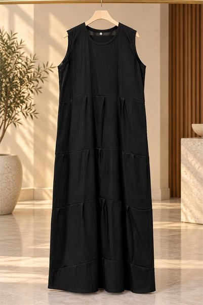 Abayat Lareen Siyi Black Layered Sleeveless Dress Suitable under Abaya