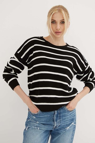 Fashion Friends Çizgili Regular Fit Bisiklet Yaka Triko Kazak Kadın KAZAK 26K0477K1