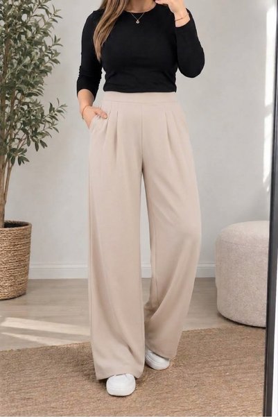 Umay moda 59 نسائي - قماش الكريب - بنطلون مُطَرَّز - جيوب جانبية - أرجل واسعة.