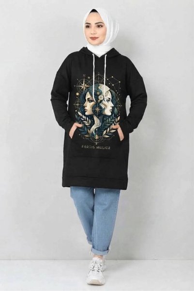 JANTIL MODA Black Long-Sleeved, Brushed Inside, 90 cm Hooded Oversized Tunic ...