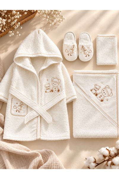 Lilliy 100% Cotton Baby Robe Set, 4-Piece Boxed, Unisex Beige, Newborn Hospit...