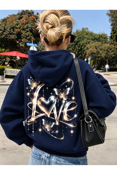 poswicon Navy Blue Love Butterfly-Printed 3-Ply Shade Oversized Hooded Sweats...