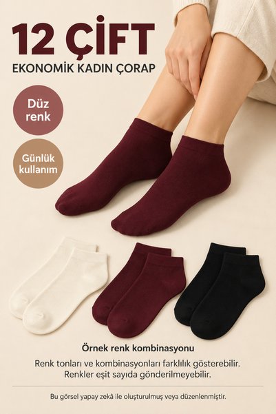 EfemİcGiyim 12 Pairs of Affordable Women's Socks – Plain Style, Assorted Colo...