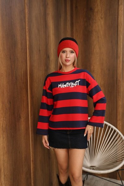 asur boutique Women's Striped Sweatshirt in Green, Pink, and Red, with "Manifest" Print, Long-Sleeved
