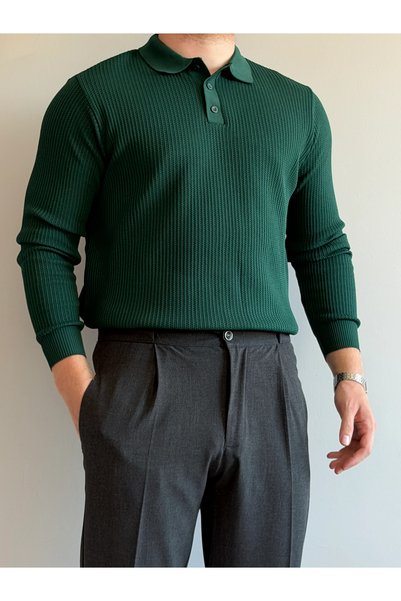 HAVANNA Men's Textured Polo Collar Button-Down Knit Sweater