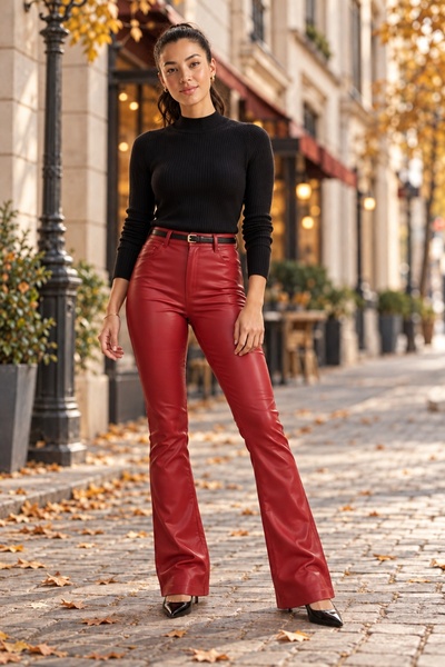Modazun Women's Flared, Leather-Look Pants with Pockets, Long Cut