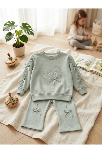 INFANT Set pantaloni și bluziță cu dantelă și fundițe - 3 culori disponibile