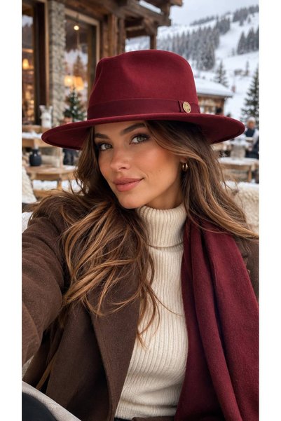 FELLMENS Burgundy Melton Women's Cowboy Panama Fedora with Wide Brim