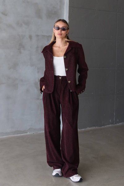 Ortaya Çık Set compus din sacou blazer din șonil și pantaloni palazzo