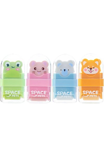 TERRIFI 4 Pack Cute Animal Pencil Erasers with Built-in Clean Up Roller and C...