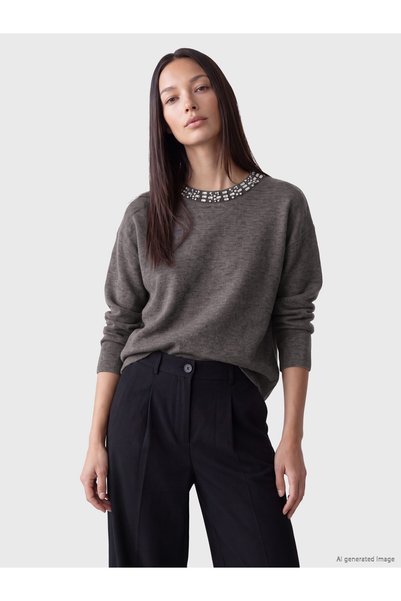 LC Waikiki LCW EVERYDAY Anthracite Brioche Knit Oval-Neck Long-Sleeve Women's...