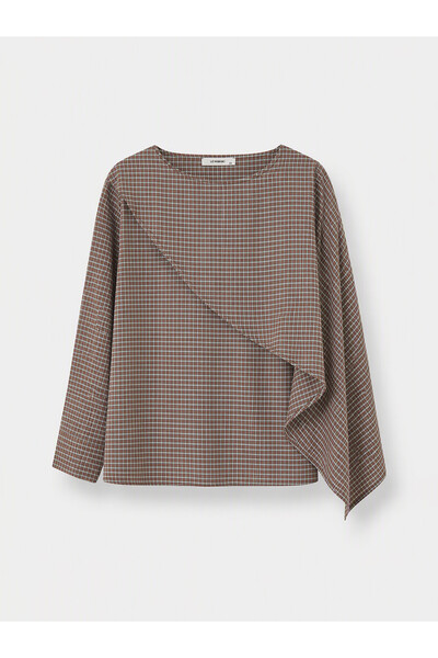 LC Waikiki LCW Curve Brown Jersey Plaid Oval-Neck Long-Sleeve Women's Blouse—...