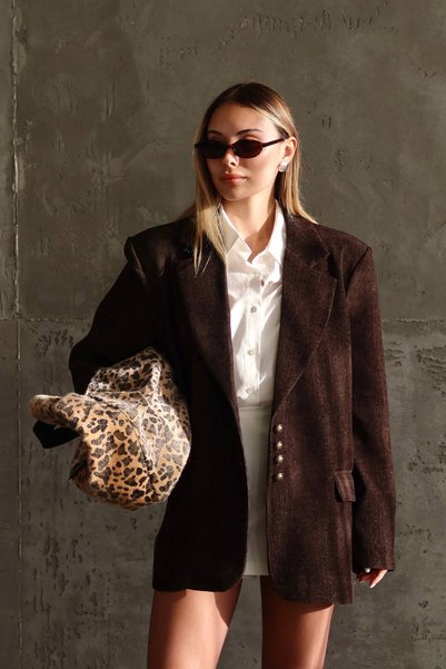 Ortaya Çık Sacou blazer din catifea chenilă oversize, cu pernițe la umeri