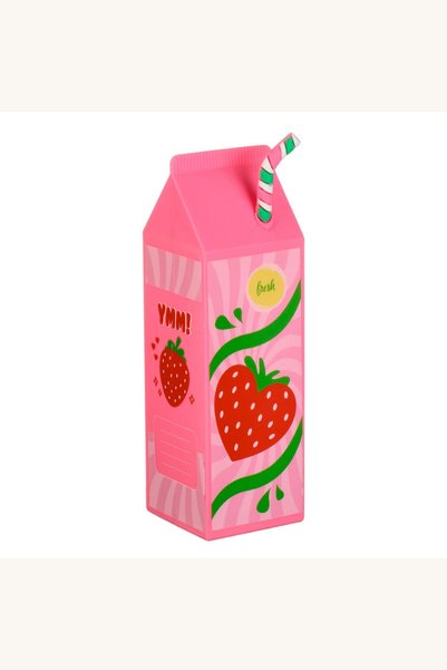 Comerivo Trusa cosmetica din silicon roz in forma de cutie de lapte cu capsun...