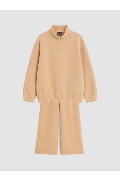 LC Waikiki Beige 3-Ply Brushed Inside Plain Loose & Oversized Girls' Sweatsui...