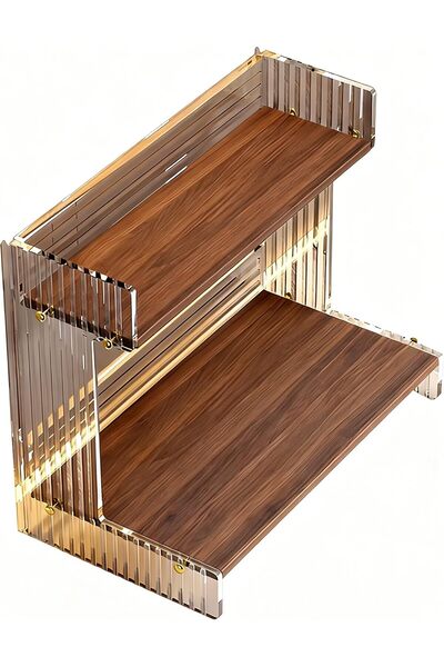 Generic 2-Tier Acrylic and Wood Desktop Organiser Shelf, Clear and Walnut, fo...